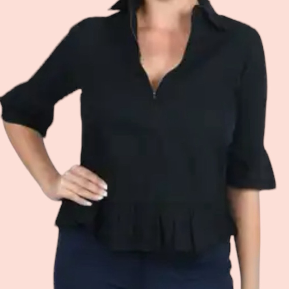Jovie Black Cotton Zip Front Ruffle Short Sleeve Blouse XS